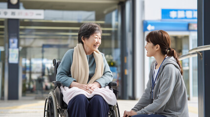 リハビリ施設前で談笑する車椅子の日本人シニア女性と理学療法士