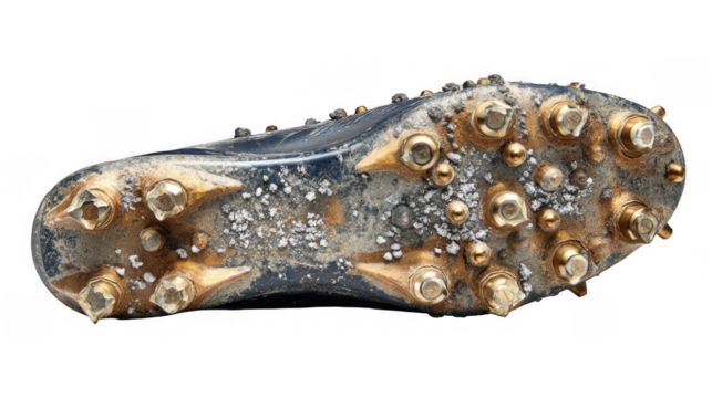 Close up view of a worn cleat sole, caked in dirt and grime, showcasing the intricate details of metal studs against a transparent background, emphasizing wear and tear from athletic use