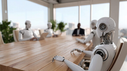 Several robots gather around a modern meeting room table, engaged in discussion. The futuristic setting highlights collaboration, technology, and artificial intelligence in a professional environment.