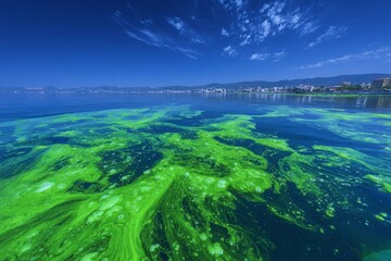 The concept of ecology and natural disasters is represented by green rocks and a beach with green seaweeds and rocks nearby
