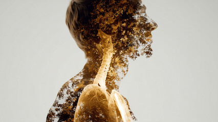 A human silhouette glows with soft golden light, with faint outlines of internal organs visible inside. The image radiates calm, health, and vitality, blending science with spiritual wellness themes.