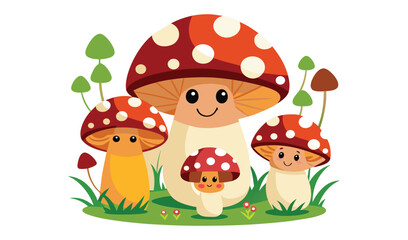 Cute cartoon mushrooms family in grass