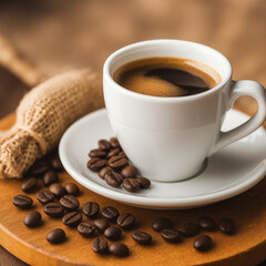 white coffee cup with coffee beans around the scene