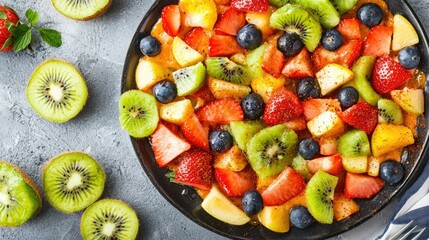 A beautifully styled fruit chaat with a sprinkle of chaat masala, perfect for restaurant menus and banners