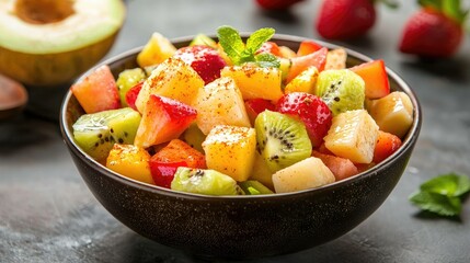 A beautifully styled fruit chaat with a sprinkle of chaat masala, perfect for restaurant menus and banners