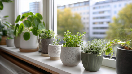 A minimalist indoor garden in a small apartment featuring a bright windowsill or vertical plant wall filled with lush greenery, bringing modern urban wellness and nature into a compact living space.
