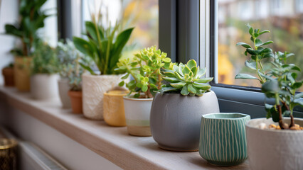 A minimalist indoor garden in a small apartment featuring a bright windowsill or vertical plant wall filled with lush greenery, bringing modern urban wellness and nature into a compact living space.