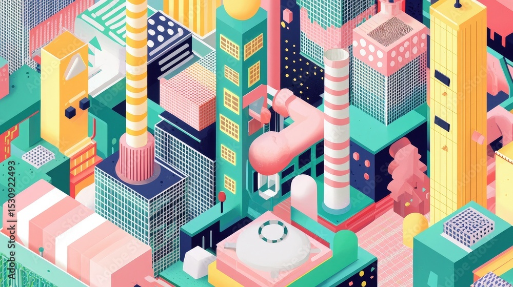 Poster a bold, visually appealing 3d representation of an automated factory, combining geometric forms, viv