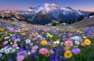 Obraz premium Mount Rainier National Park is home to wildflowers at sunset