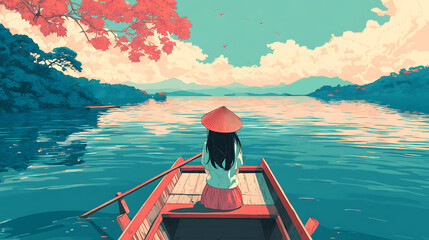 Serene girl in traditional attire rowing a boat on a tranquil lake surrounded by vibrant foliage