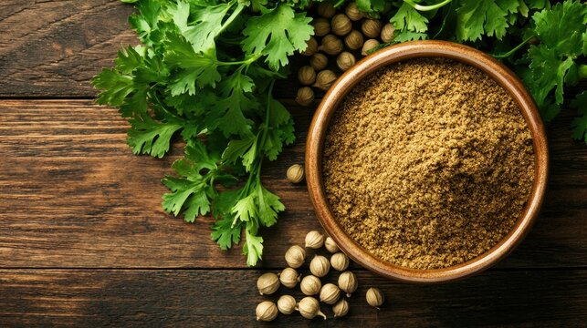 A bowl of finely ground coriander powder next to whole coriander seeds, displayed on a rustic wooden background