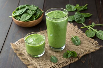 Fresh Spinach Smoothie in Glasses on Wooden Table
