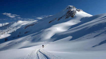 A solitary skier glides down a wide, untouched snowy slope beneath a clear bluebird sky. The expansive, peaceful landscape emphasizes solitude, freedom, and the beauty of alpine winter adventure.