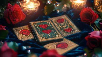 romantic tarot spread, a romantic tarot deck spread in a celtic cross layout on a velvet cloth adorned with roses and crystals
