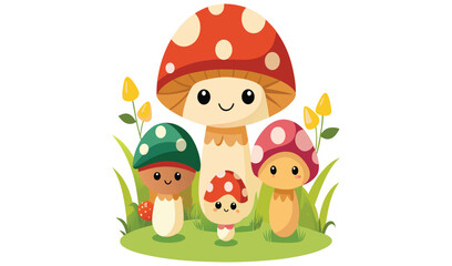 Cute cartoon mushrooms family in grass
