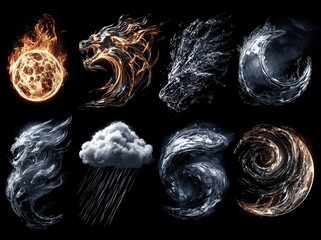 Fototapeta na wymiar A set of 3D realistic icons for day and night weather forecasts, including natural disasters, isolated on a transparent background, representing bad weather conditions such as rain, snow, and cold