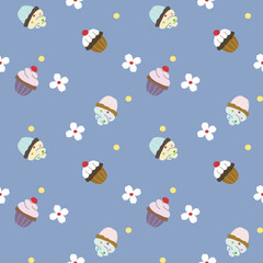 Vector pattern of fabric, wallpaper, gift wrap, mats and bed sheets. Continuous and repeatable. Designed with cupcake cups, polka dots and flowers alternating in a cute style.