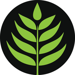 Abstract green plant logo design in a circular black background