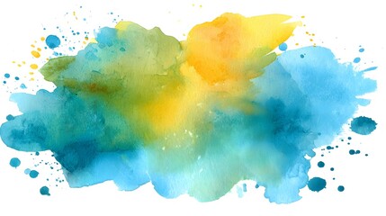 Captivating abstract composition featuring a dynamic blend of vibrant aqua and yellow watercolor splashes against a clean white background creating a fresh and inspiring visual experience