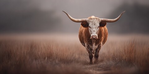 Majestic Brown Bull Strides Confidently Through Golden Meadow, Horns Curved Gracefully, A Timeless Emblem of Power and Nature.