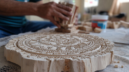 Intricate mandala art is hand-painted on a large wooden piece, showcasing detailed patterns and craftsmanship. The earthy tones and natural texture highlight spiritual and artistic expression.
