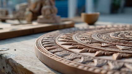 Intricate mandala art is hand-painted on a large wooden piece, showcasing detailed patterns and craftsmanship. The earthy tones and natural texture highlight spiritual and artistic expression.