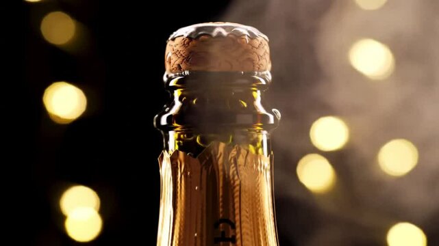 Champagne bottle cork popping festive lights background