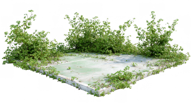 Overgrown and abandoned, a tennis court is being reclaimed by nature as weeds and plants encroach upon the playing surface, highlighting the passage of time