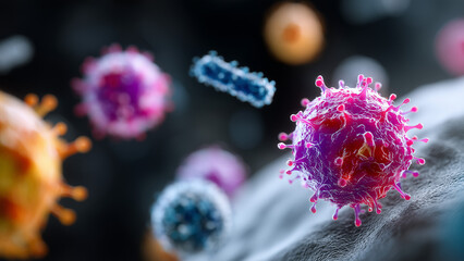 A color-enhanced microscopic image shows viruses attaching to a human cell surface, with vivid textures and nearby bacteria, set against a dark background to highlight infection and microbial activity