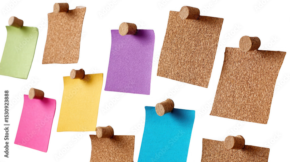 Poster colorful sticky notes and cork boards are pinned to a transparent background using wine corks, creat