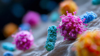 A color-enhanced microscopic image shows viruses attaching to a human cell surface, with vivid textures and nearby bacteria, set against a dark background to highlight infection and microbial activity