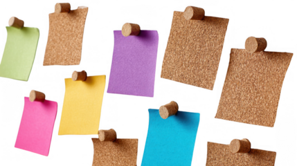 Colorful sticky notes and cork boards are pinned to a transparent background using wine corks, creating a visually appealing and customizable design element
