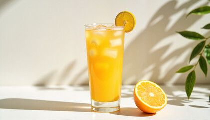 Fototapeta premium Refreshing orange drink with ice served in a tall glass on table 