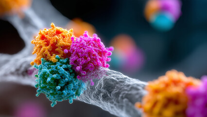 A color-enhanced microscopic image shows viruses attaching to a human cell surface, with vivid textures and nearby bacteria, set against a dark background to highlight infection and microbial activity