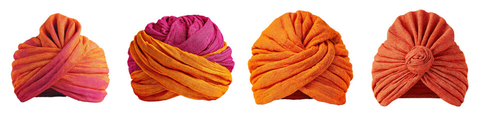 Colorful Turbans Displayed in a Row with Varied Styles and Fabrics