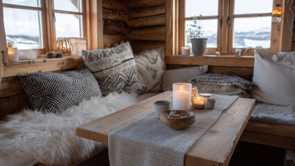 A cozy Nordic winter cottage interior features wooden furniture, soft woolen textiles, and handmade candles, embodying Scandinavian hygge with warmth, simplicity, and a strong connection to nature.