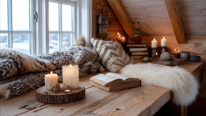 A cozy Nordic winter cottage interior features wooden furniture, soft woolen textiles, and handmade candles, embodying Scandinavian hygge with warmth, simplicity, and a strong connection to nature.