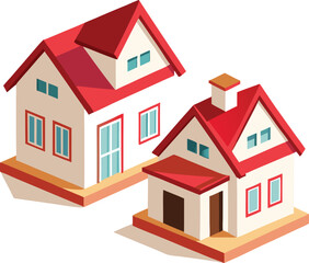 Isometric illustration of two charming houses with red roofs and white walls