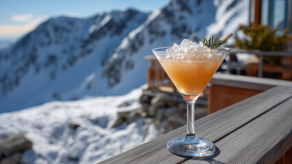 A single cocktail in an inverted cone-shaped glass sits elegantly against a breathtaking backdrop of snow-covered mountains, blending refined refreshment with stunning alpine scenery and serenity.