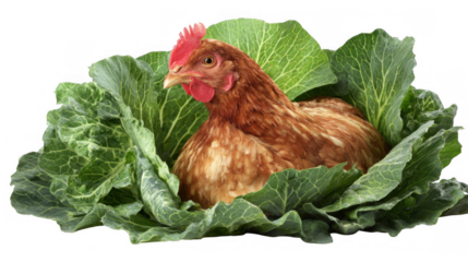 Brown hen resting comfortably among vibrant green cabbage leaves, creating a striking contrast against a transparent background, perfect for agricultural or nature themed projects
