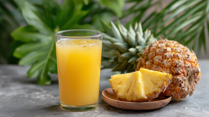 A glass of golden pineapple juice sits in focus, with a whole or sliced pineapple and its leafy crown in the background. The scene radiates tropical freshness, sweetness, and natural vitality.