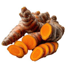 A close up of turmeric roots and slices with vibrant orange color against a dark background showing detail
