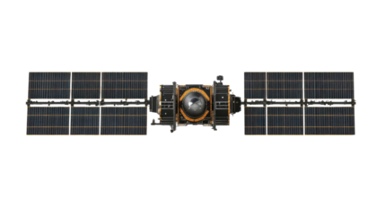 Satellite Orbiting Earth with Solar Arrays in Outer Space Communication and Technology Concept Isolated on White Background
