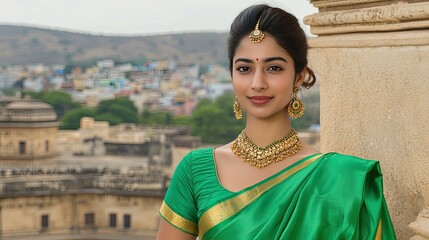 A beautiful Indian woman in a silk saree, posing against the backdrop of a historic palace, radiating elegance and tradition.
