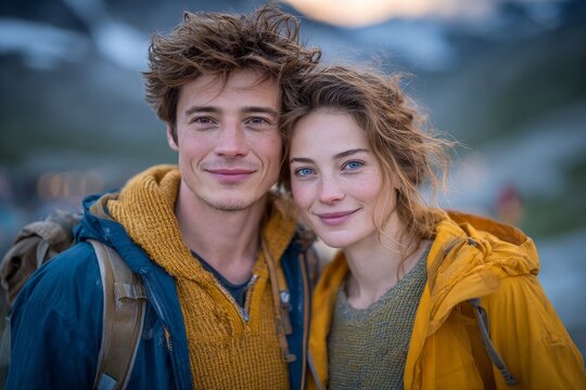 Depiction of a cheerful couple on a mountain trail hike - Powered by Adobe