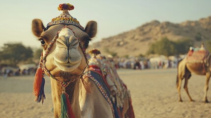 A beautifully adorned camel wearing intricate tassels and colorful beads poses proudly at the Pushkar Camel Fair, capturing the essence of Rajasthan.