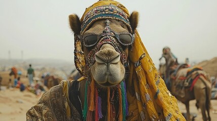 A beautifully adorned camel wearing intricate tassels and colorful beads poses proudly at the Pushkar Camel Fair, capturing the essence of Rajasthan.
