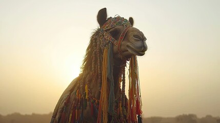 A beautifully adorned camel wearing intricate tassels and colorful beads poses proudly at the Pushkar Camel Fair, capturing the essence of Rajasthan.