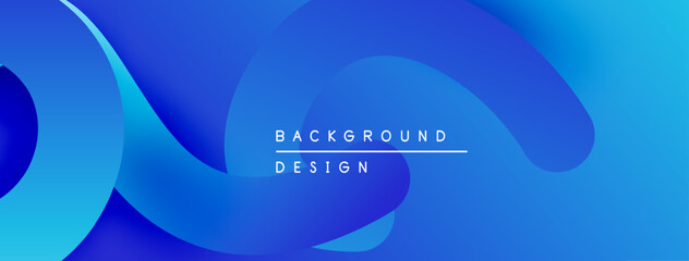 Abstract blue gradients create flowing shapes. Text reads background design, simple, modern aesthetic.