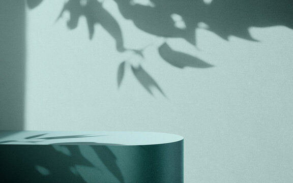 Empty podium or pedestal in elegant on pastel green gradient background with leaf shadow overlay,ideal mockup for product display presentation showcase backdrop design